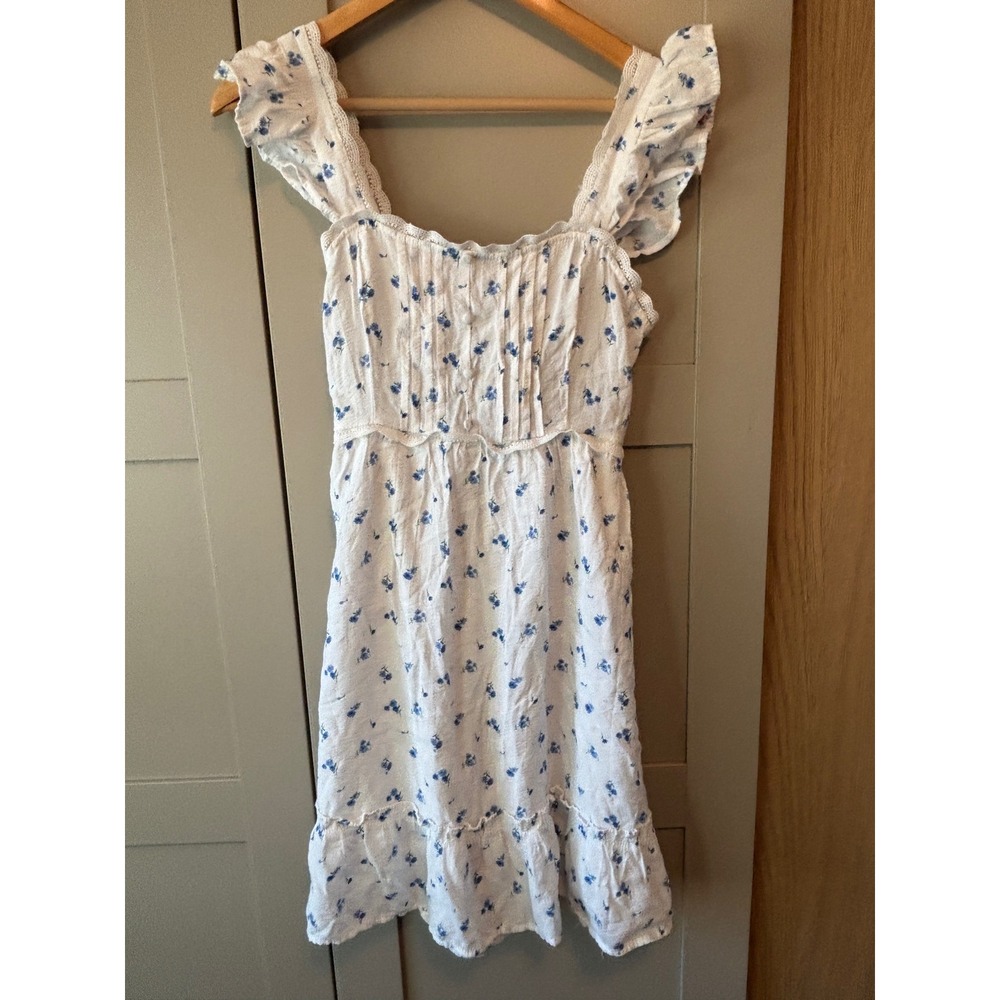 Cottagecore Fairycore Floral Mini Dress White Blue Flutter Sleeve Lace Trim L